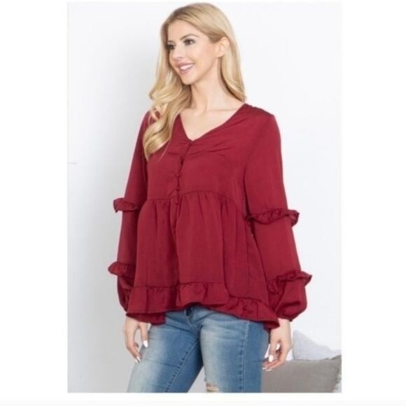 Womens Burgundy Ruffle Hem Button-Down Long Sleeve Peplum Blouse Top-SIZE:MEDIUM - Picture 7 of 7